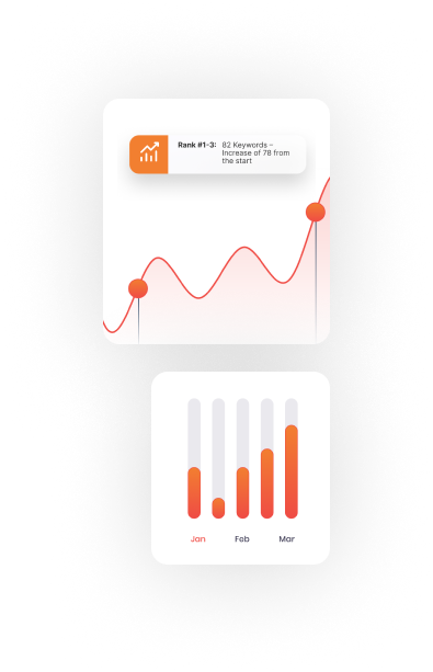 SEO analytics dashboard showing keyword ranking growth and monthly performance trends